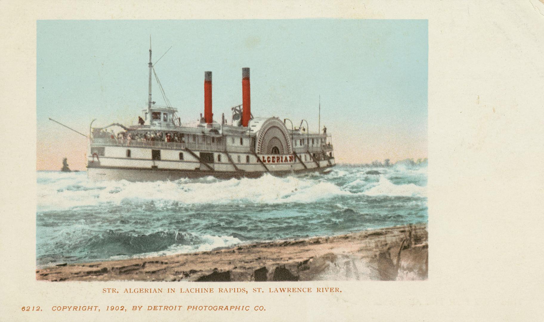 Sepia toned photograph of a large boat in choppy waters.