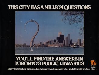 Poster of CN Tower bent into a question mark. 