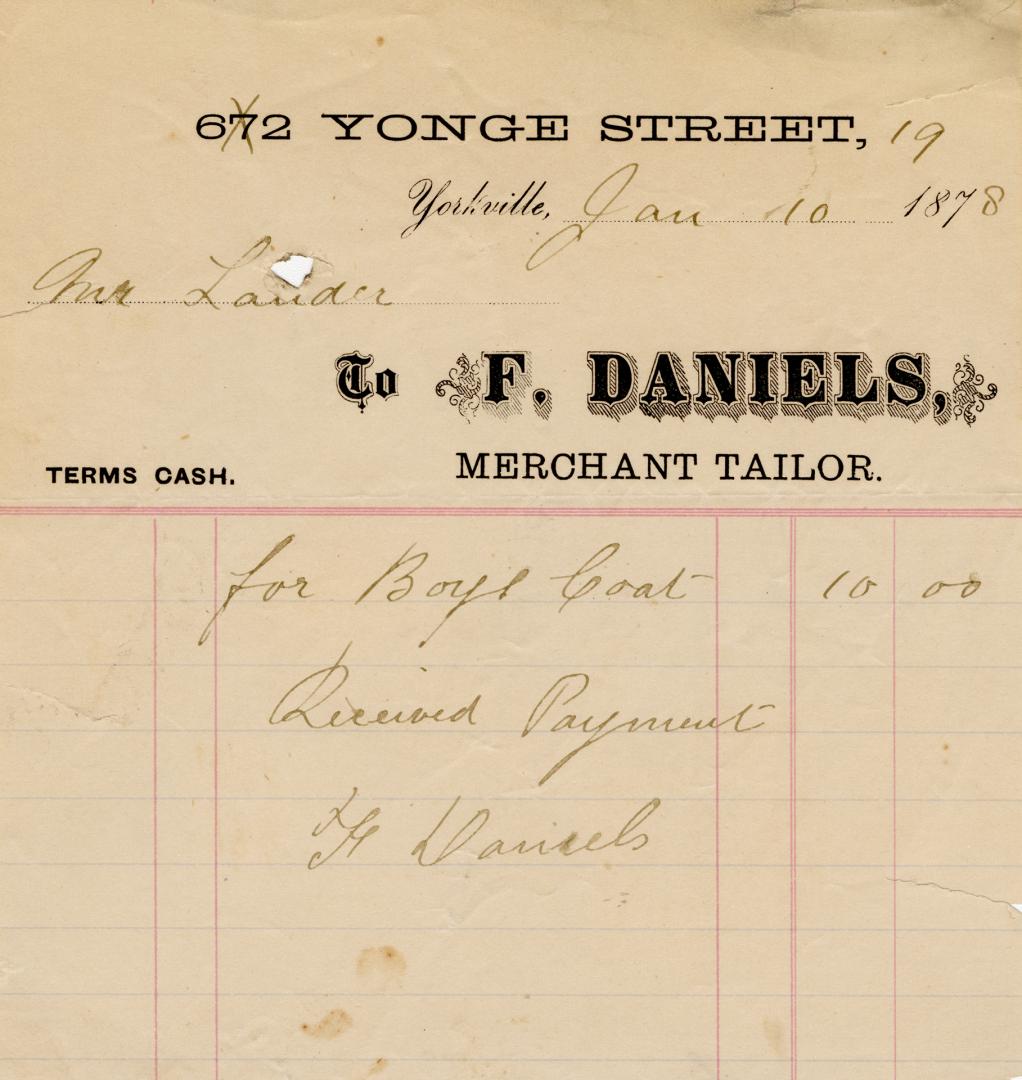 Receipt of customer John Lauder, Esq. Part of Morris Norman donation of business papers, 2002. 