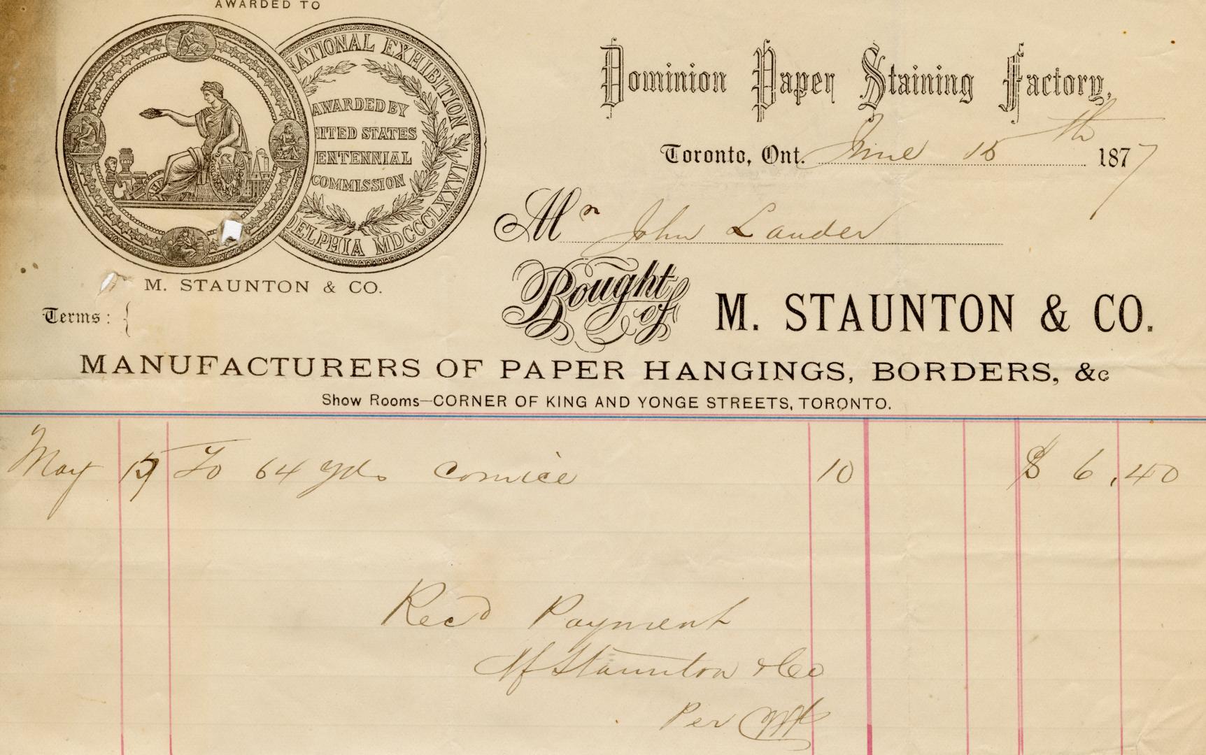 Receipt of customer John Lauder, Esq. Part of Morris Norman donation of business papers, 2002. 