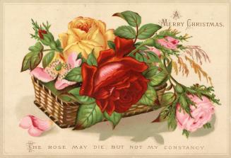 A wicker basket holds a collection of red, yellow, and pink roses as well as foliage. A message…