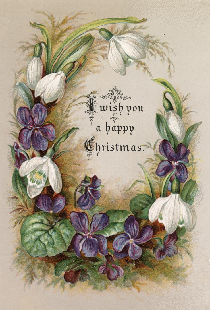 The card pictures purple and white flowers nestled in foliage. The background is beige and Chri ...