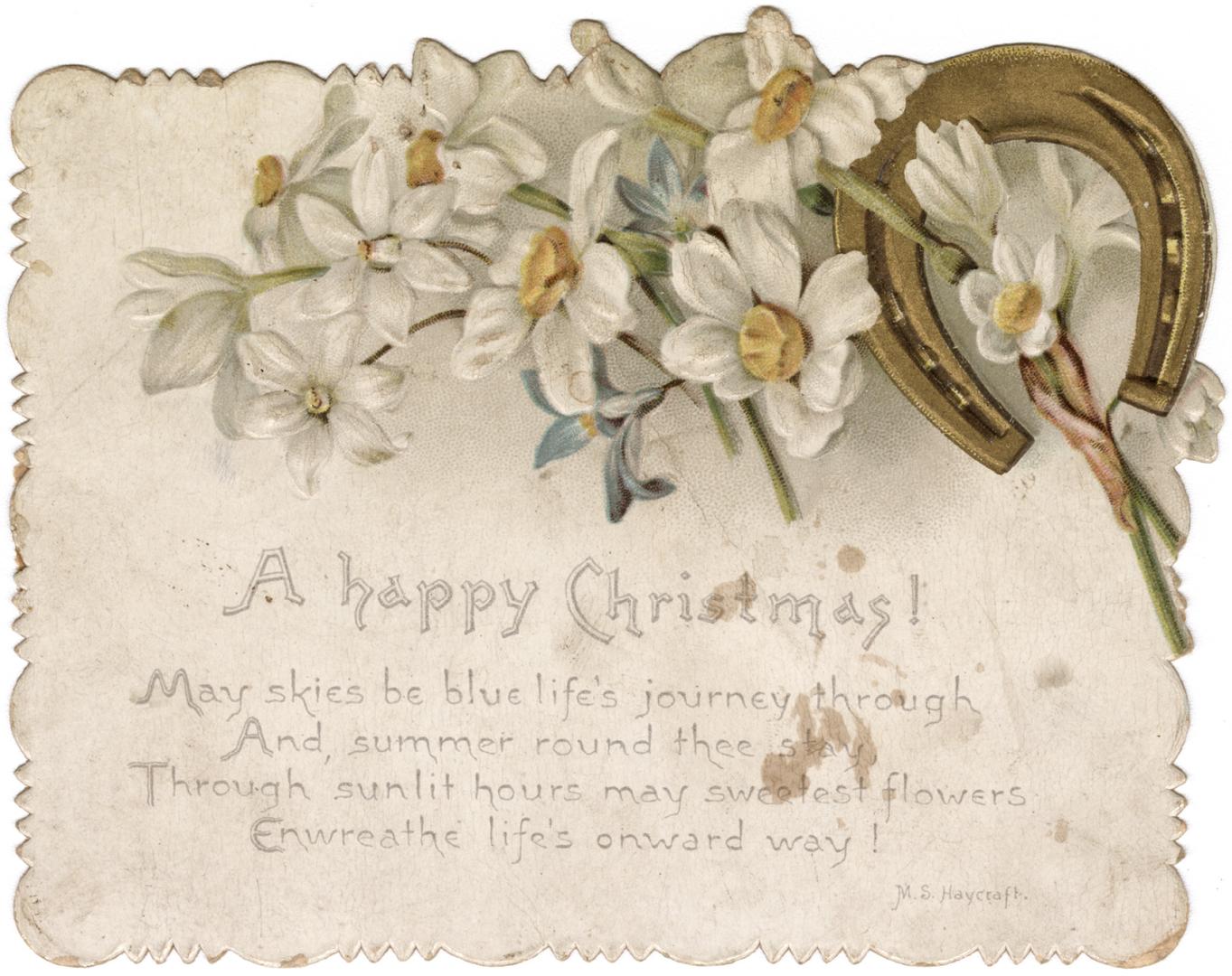 White and blue flowers and a horse shoe decorate the upper portion of the card. The lower porti ...