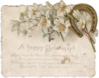 White and blue flowers and a horse shoe decorate the upper portion of the card. The lower porti ...