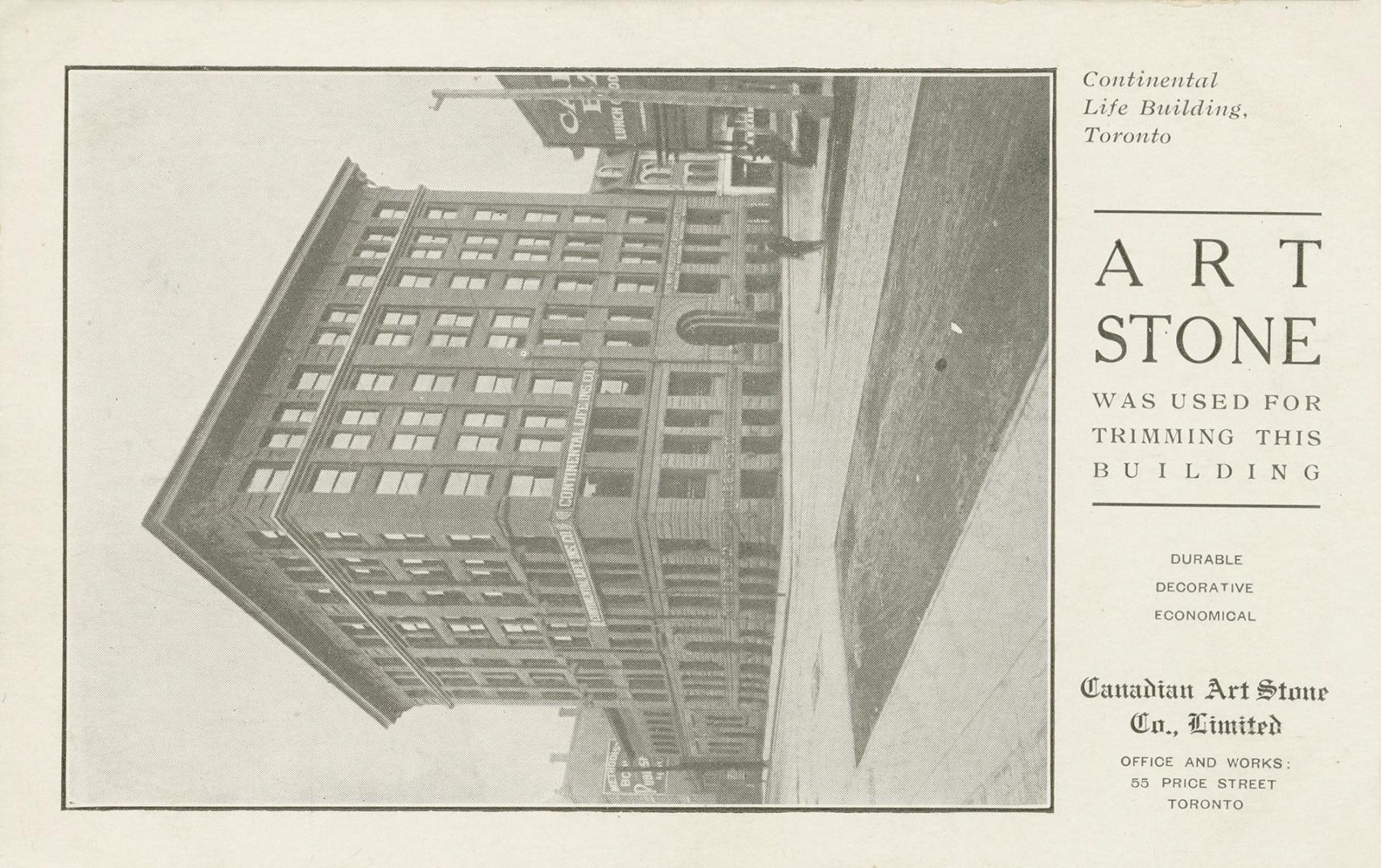 Black and white postcard depicting an inset photo of the Continental Life Building at the corne ...