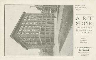 Black and white postcard depicting an inset photo of the Continental Life Building at the corne…