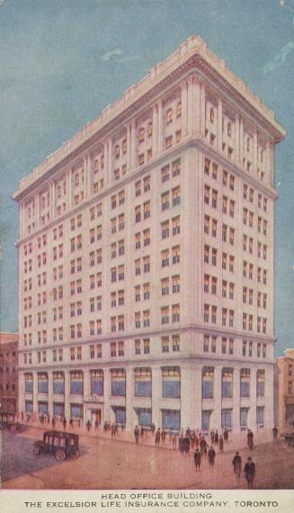 Colour postcard depicting the exterior view of an eleven-story building with a car and many ped ...