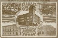 Black and white postcard depicting the exterior frontage of a five-story building with a curved…