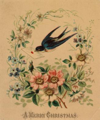 A blue-black bird is pictured flying through the air with a card in it's beak. It is surrounded ...