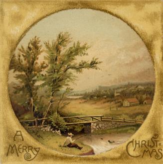 The card picutres a pastoral scene. In the foreground a person sits in the grass at the bank of ...