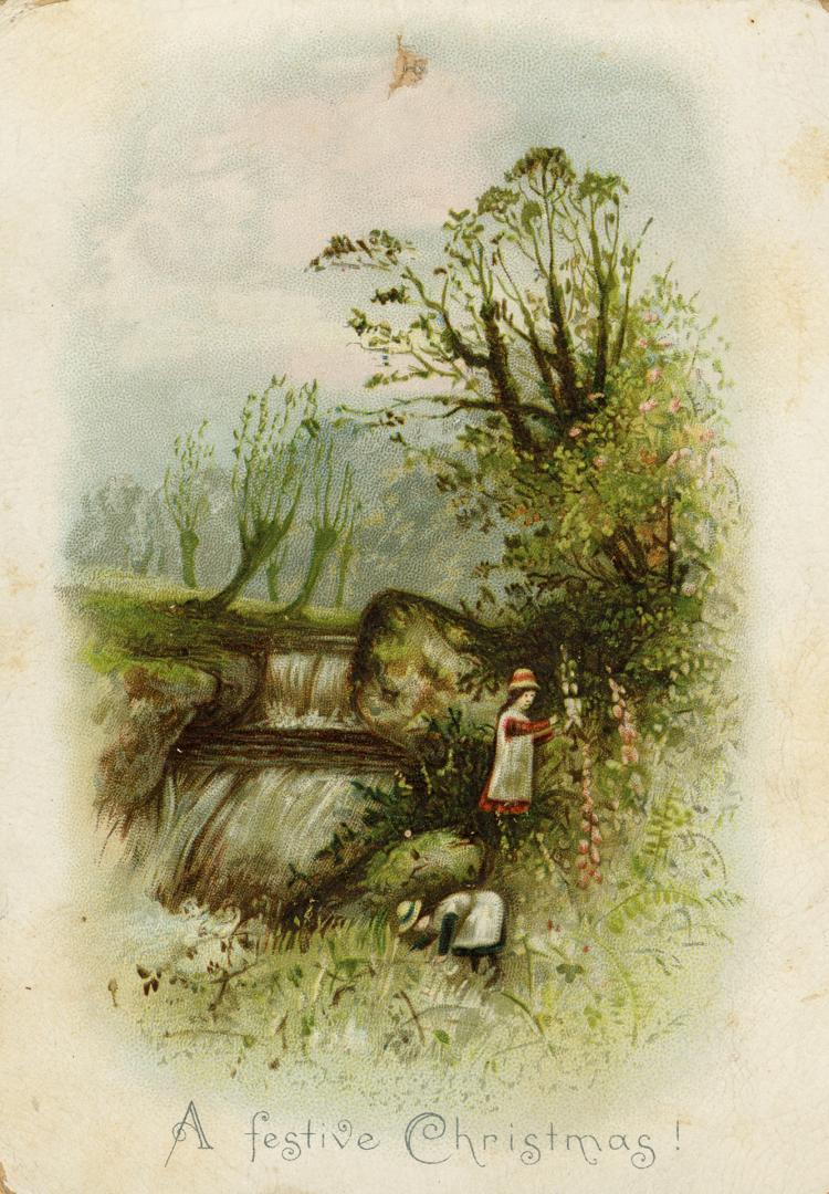 Two women are pictured picking flowers or berries near a waterfall.