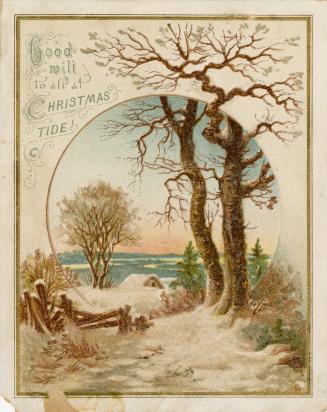 The card pictures a treed and snowy path leading towards the shores of a large body of water. T ...