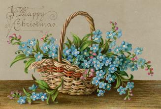 A basket full of small blue forget-me-not flowers, pink buds, and foliage is pictured.