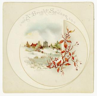 The card depicts a winter scene. A red bush with berries and a small river are in the foregroun…