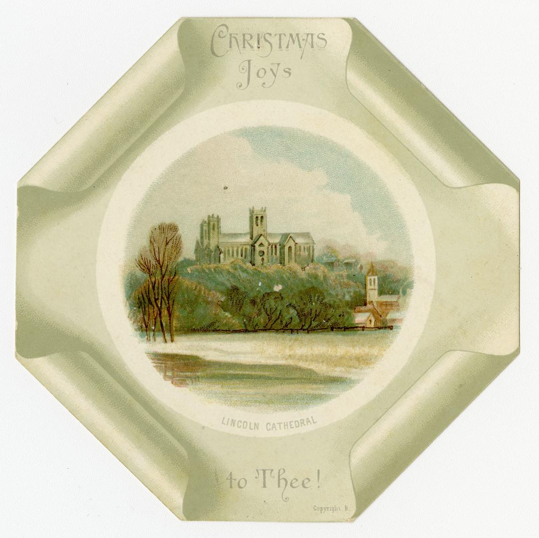 This light green, octagonal card has a circular image of the Lincoln Cathedral at its centre. T…