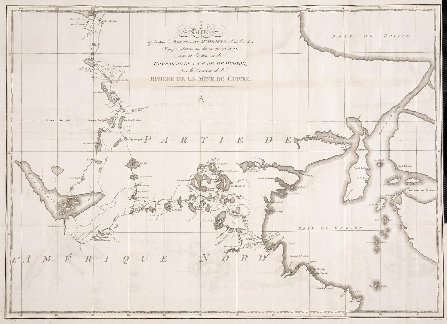 Carte representant les routes de Mr. Hearne dans les deux voyages entrepris par lui en 1770, 1771, et 1772, sous la direction de la Compagnie de la Baie de Hudson, pour la decouverte de la Rivière de la mine de cuivre 
