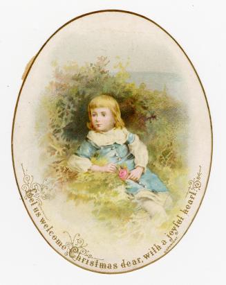 This oval shaped card pictures a girl in a blue dress sitting outside amongst greenery. She hol…
