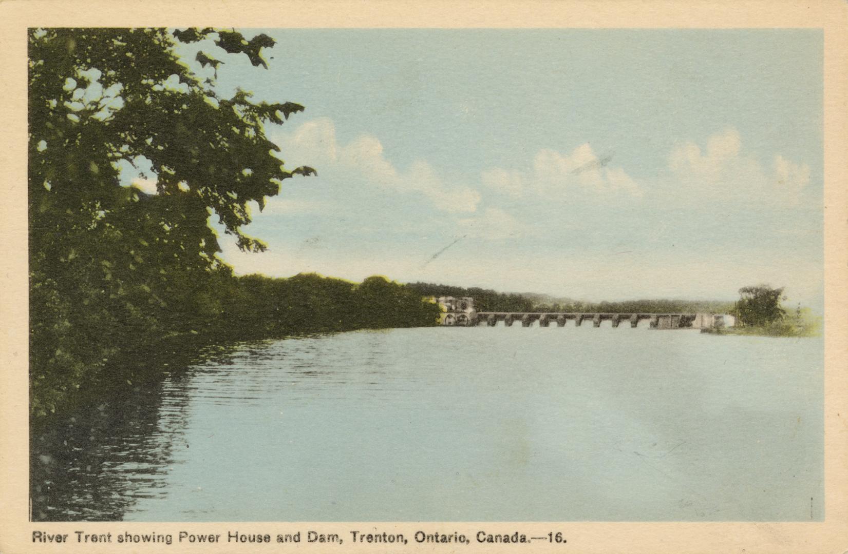Colorized photograph of a dam spanning a wide river.