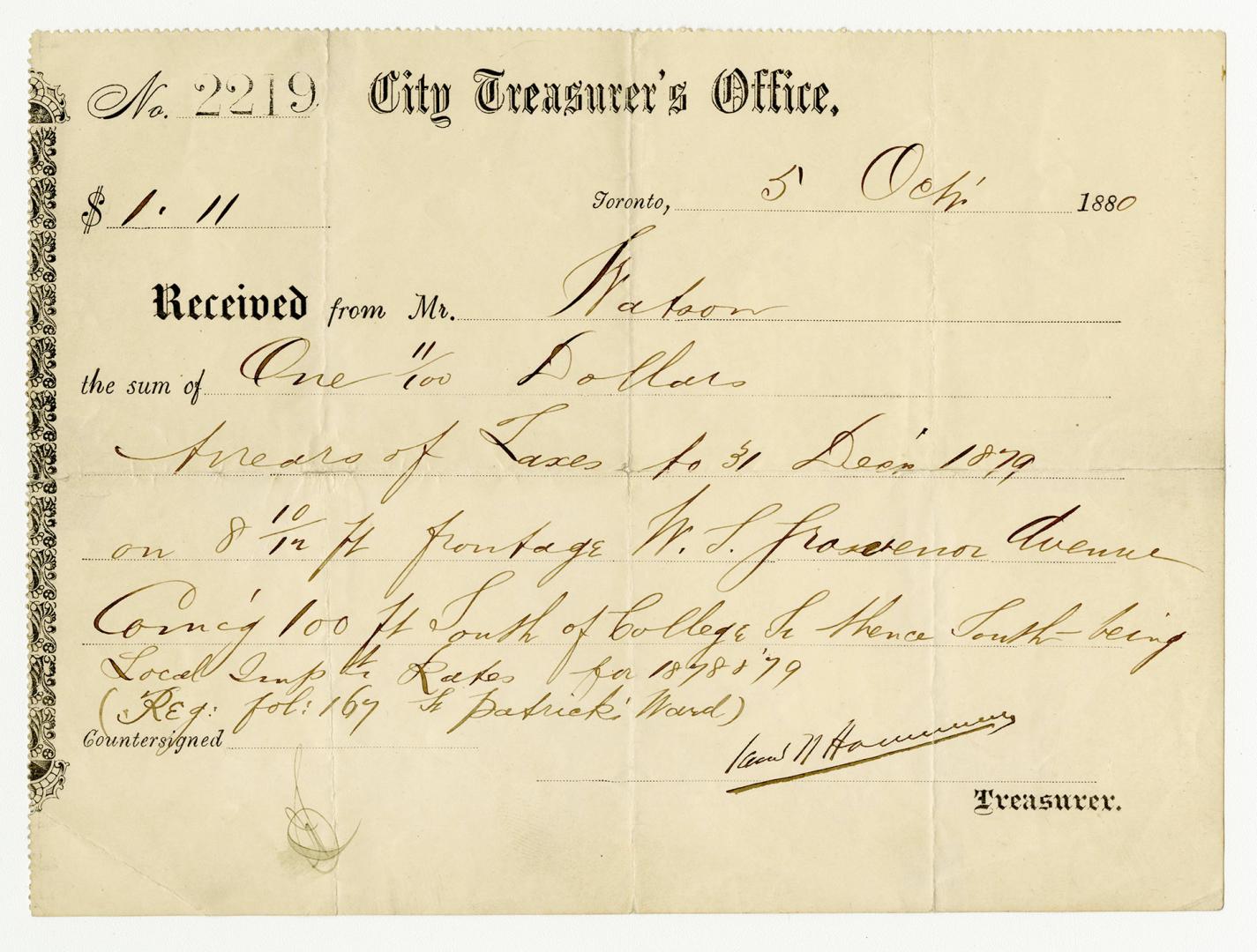 No.2219 City Treasurer's Office, Toronto, 5 October 1880, $1.11 Received from Mr. Watson