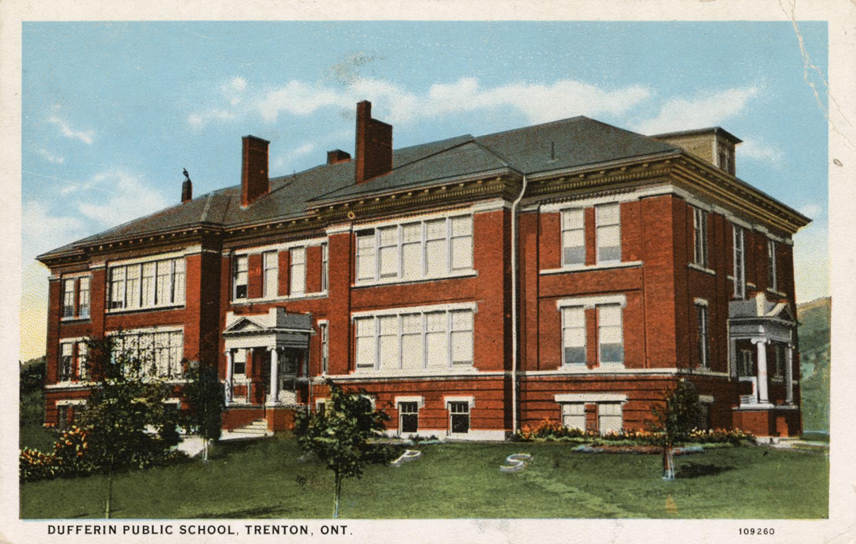 Colorized photograph of two story collegiate building.