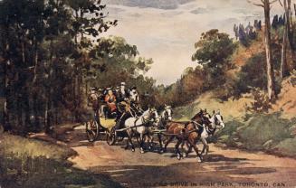 Color painting of a horse and carriage driving through park land. 
