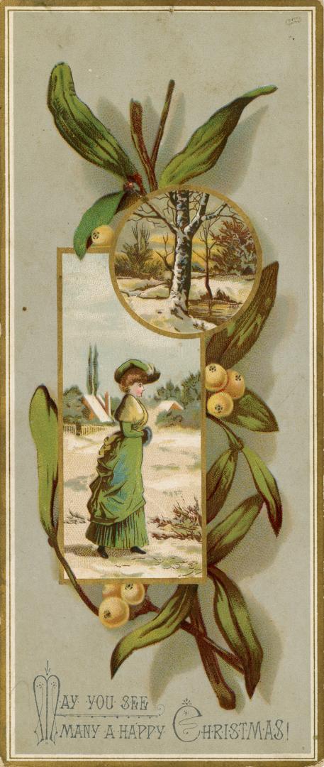 The central image shows a woman in a green hat and dress walking in a snowy field. A circular i…