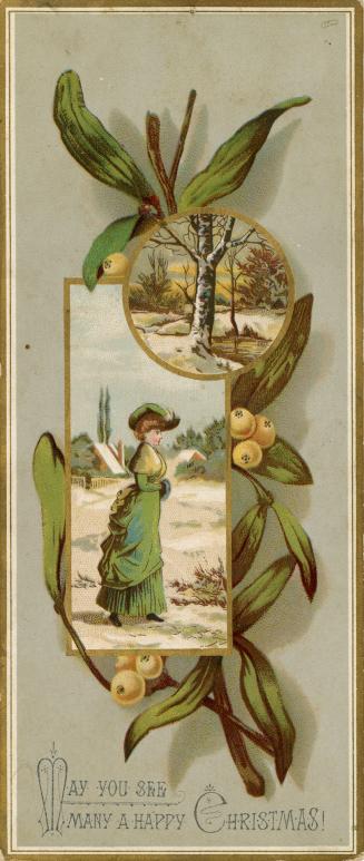 The central image shows a woman in a green hat and dress walking in a snowy field. A circular i…