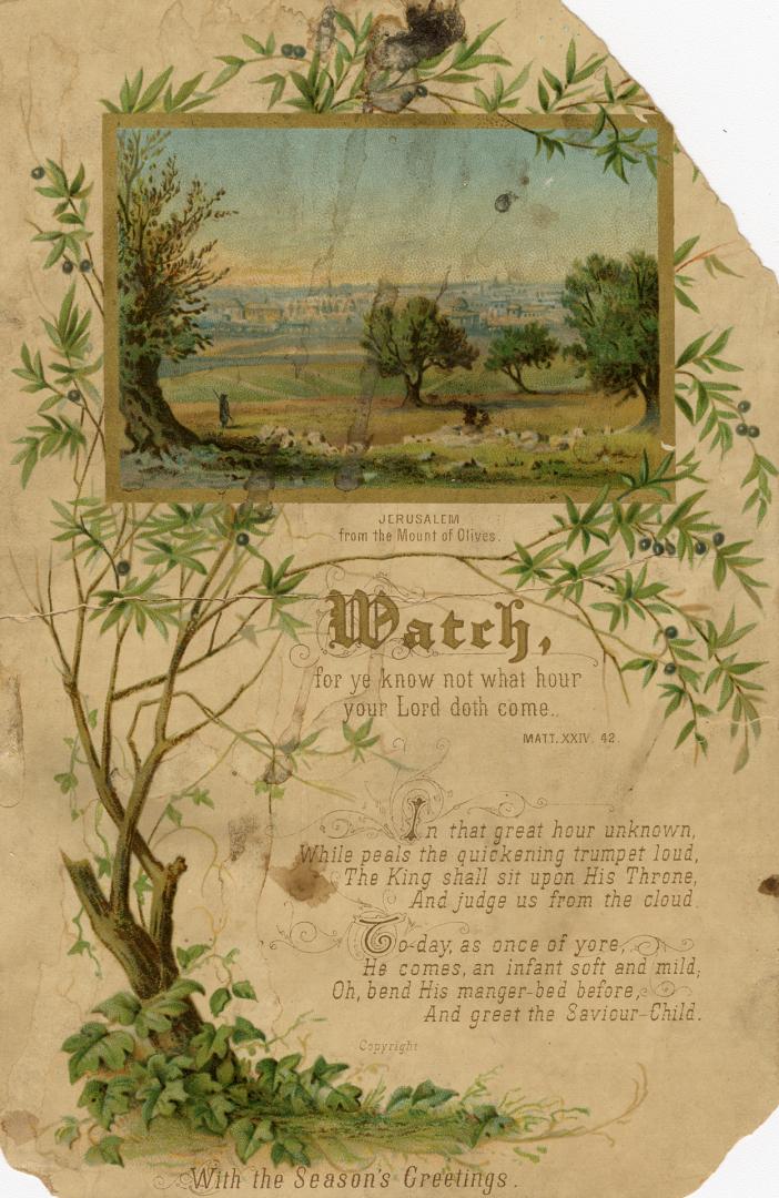 This religious card shows a detailed image of "Jerusalem from the Mount of Olives" in its upper…