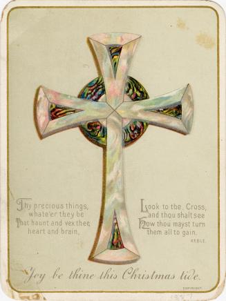 This card pictures a celtic cross in shades of pale pink, blue, green, yellow, white, and grey …