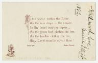 The card pictures a large pink rose, along with leaves and thorns against a beige background. A…