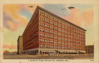 Colour drawing of an eight story commercial building which covers an entire city block.