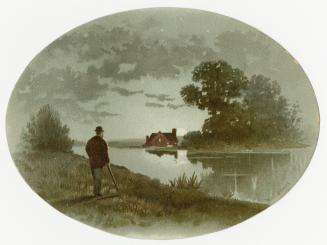 The card pictures a moonlit evening vista. In the foreground a man stands with his back to the …