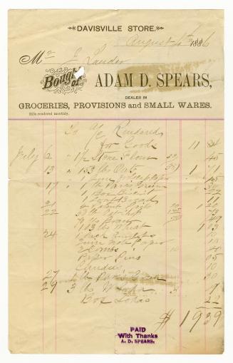Bought of Adam D. Spears, Dealer in Groceries, Provisions and Small Wares.