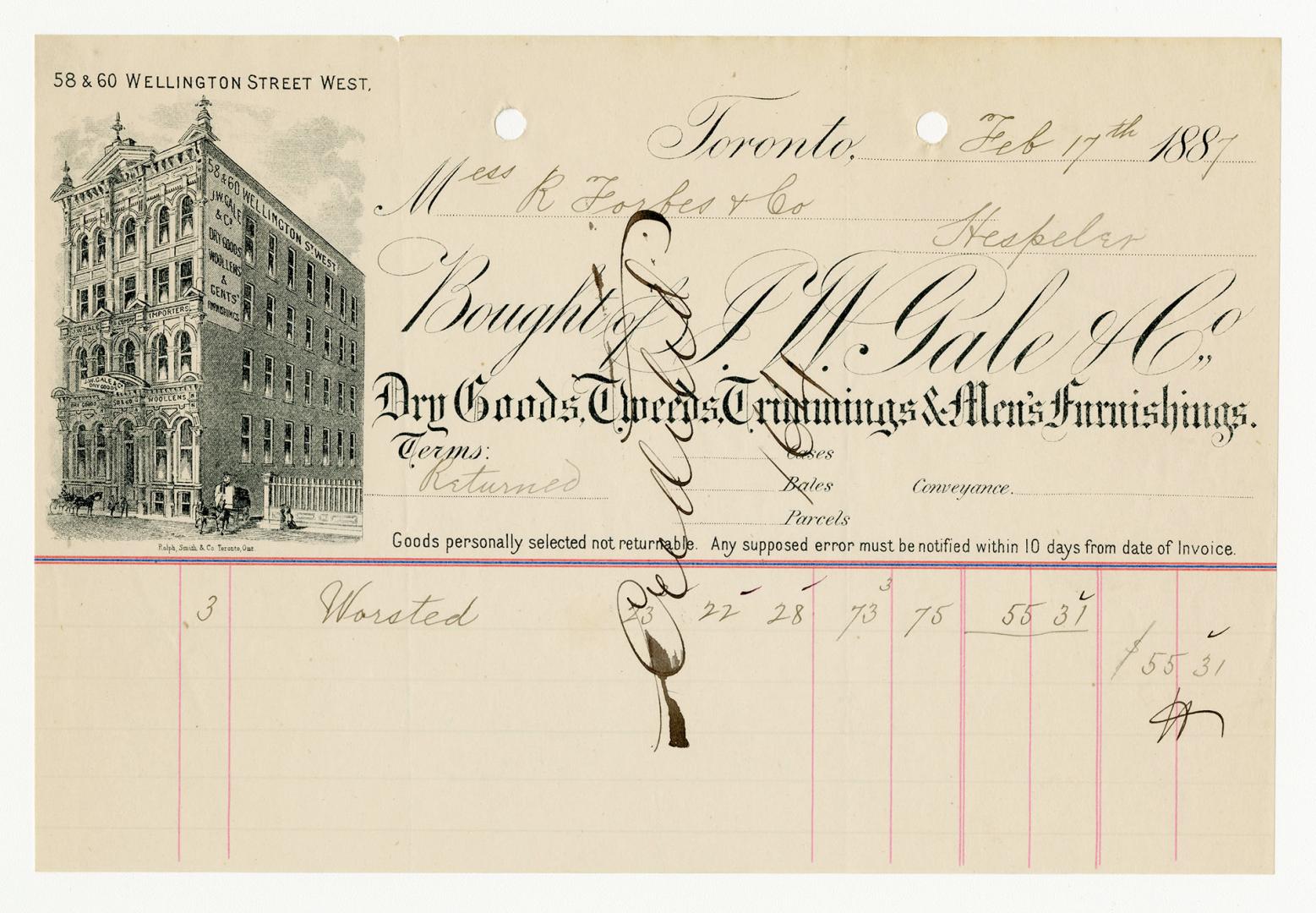 Bought of J.W. Gale & Co., Dry Goods, Tweeds, Trimmings & Men’s Furnishings.