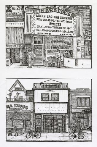 Two black and white pen and ink drawings on single piece of paper, both in landscape orientatio…
