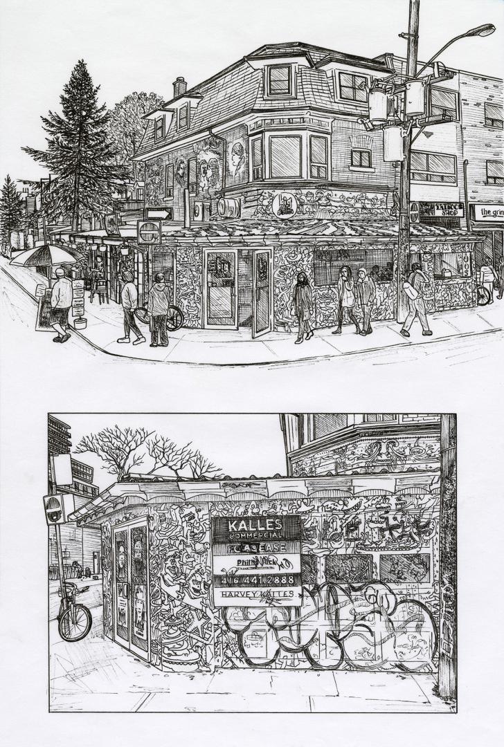 Two black and white pen and ink drawings on single piece of paper, both in landscape orientatio…