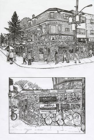 Two black and white pen and ink drawings on single piece of paper, both in landscape orientatio…