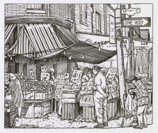 Black and white pen and ink drawing on vellum. People shopping at a grocery store located at th…