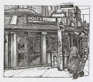 Black and white pen and ink drawing on vellum. The grocery store that was once there has now be…