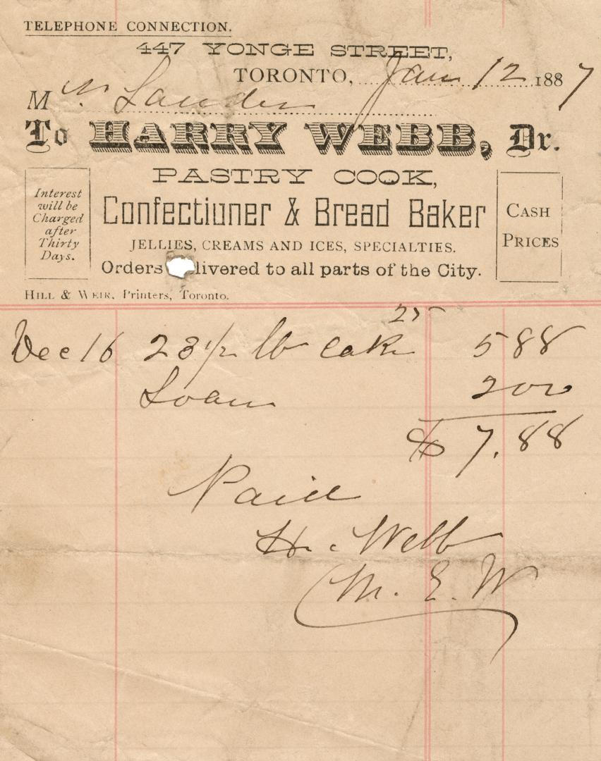 To Harry Webb, Dr. Pastry Cook, Confectioner & Bread Baker