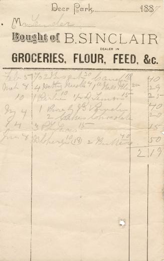 Bought of B. Sinclair// Dealer in Groceries, Flour, Feed, & C.