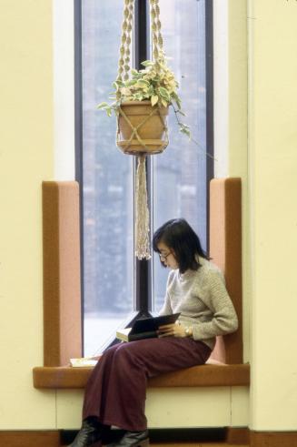 Picture of people sitting on a library bench reading and in background people at a table studyi…