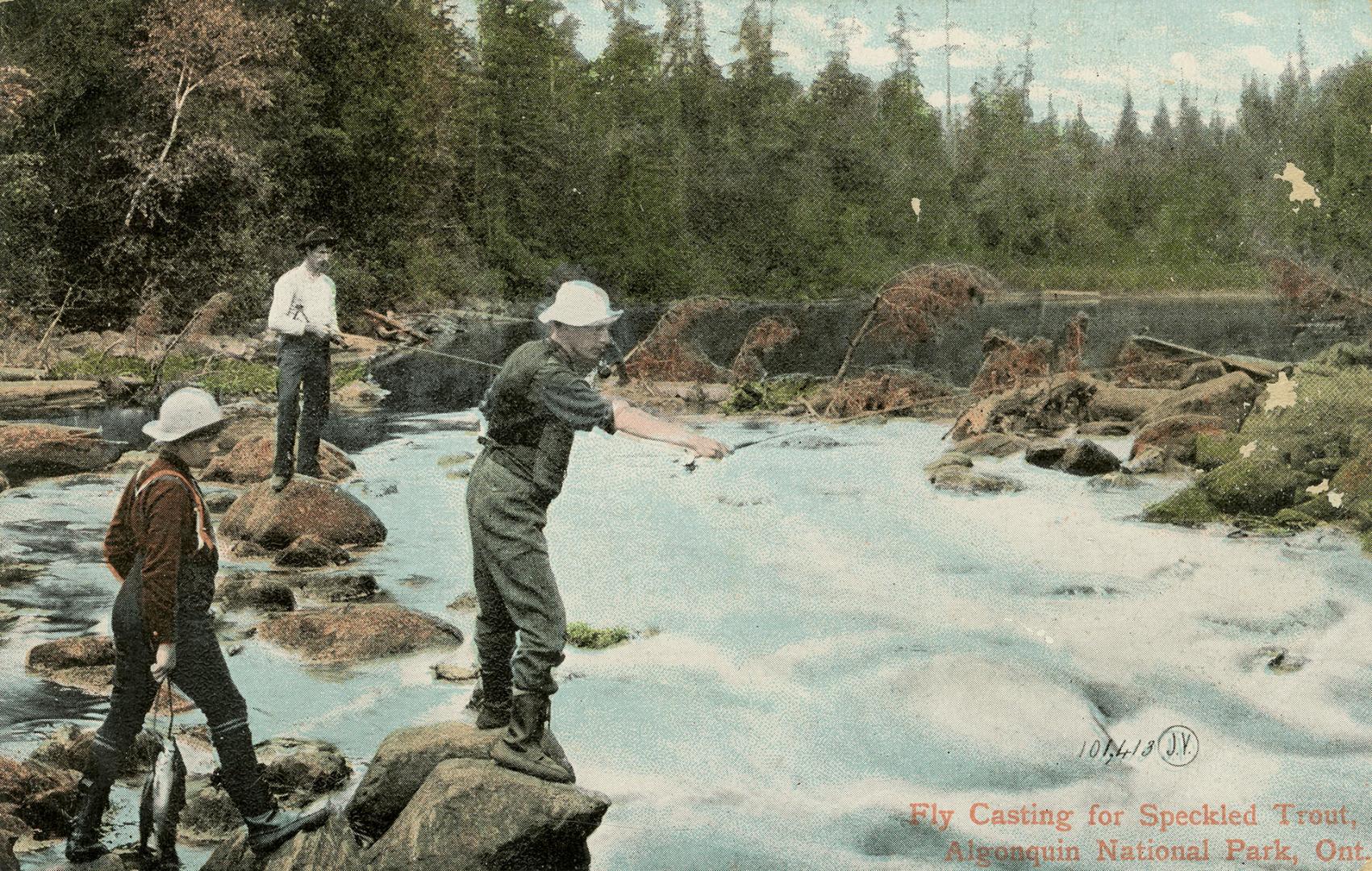 Color photograph of three men casting their rods into rapids.