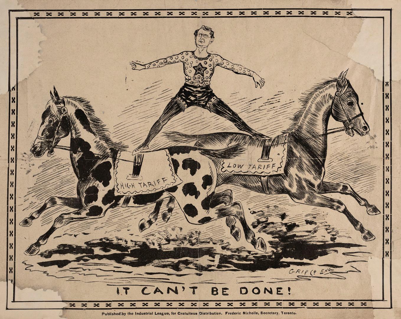 Political cartoon showing Oliver Mowat trying to ride two horses at the same time (he is standi…