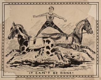 Political cartoon showing Oliver Mowat trying to ride two horses at the same time (he is standi…