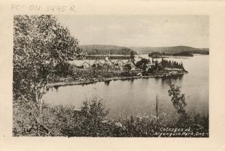 Black and white photograph of a body of water surrounded by trees; small frame structures are v…