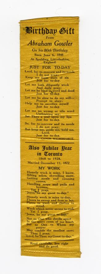 Birthday gift from Abraham Gowler on his 80th birthday, born June 6, 1848 at Spalding, Lincolnshire, England