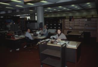 Picture of an office area in a library with several people at desks and shelving all around. 