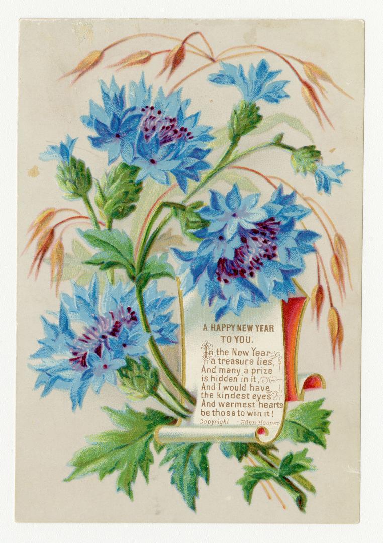 The card pictures bright blue flowers and green and orange foliage. The lower right portion con…