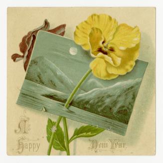 At the card's centre is a rectangular image of a moonlit lake and large hills or mountains. It …